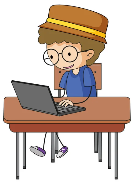 Leuke Jongen Met Behulp Van Laptop Doodle Tekenfilm Karakter Illustratie — Stockvector