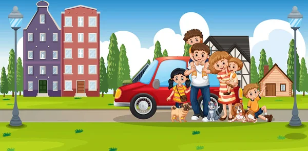 Familia Feliz Pie Fuera Casa Con Una Ilustración Coche — Archivo Imágenes Vectoriales