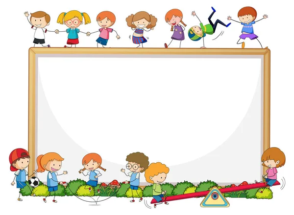 Lege Banner Met Veel Kinderen Doodle Cartoon Karakter Witte Achtergrond — Stockvector