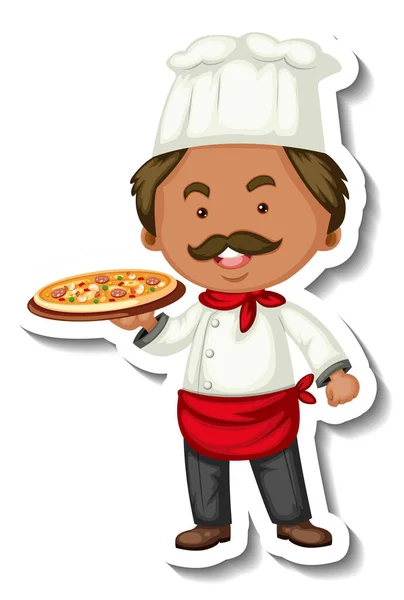 Modelo Etiqueta Com Chef Homem Detém Bandeja Pizza Ilustração Isolada —  Vetores de Stock