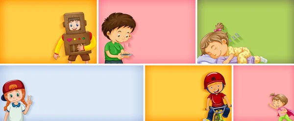 Набор Различных Детских Персонажей Разных Цветовых Фоновых Иллюстрациях — стоковый вектор