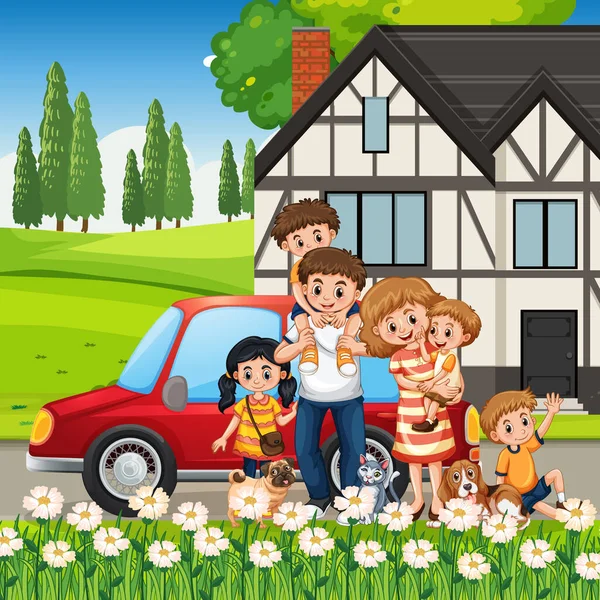 Famille Heureuse Debout Extérieur Maison Avec Une Illustration Voiture — Image vectorielle