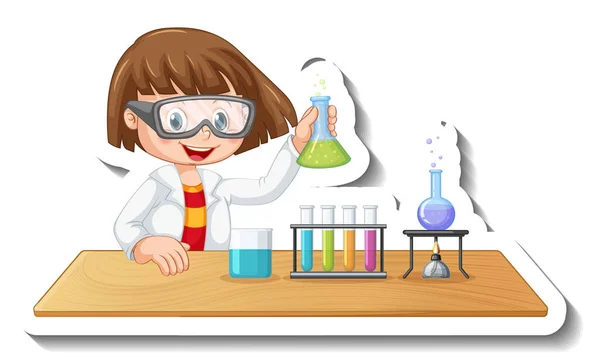 Πρότυπο Αυτοκόλλητο Χαρακτήρα Κινουμένων Σχεδίων Ενός Μαθητή Που Κάνει Χημική — Διανυσματικό Αρχείο