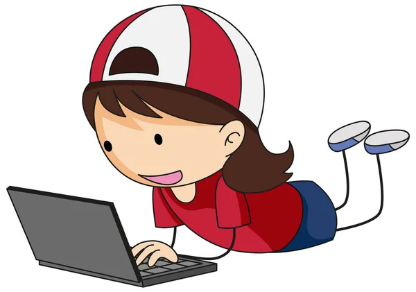 Garoto Doodle Usando Laptop Desenho Animado Personagem Ilustração Isolada — Vetor de Stock