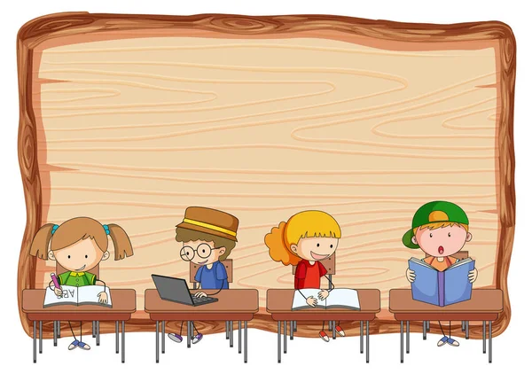 Empty Wooden Board Many Kids Doing Homework Isolated Illustration — Stock Vector