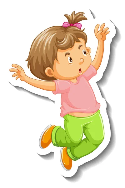 Adesivo Modello Con Una Bambina Saltando Personaggio Dei Cartoni Animati — Vettoriale Stock