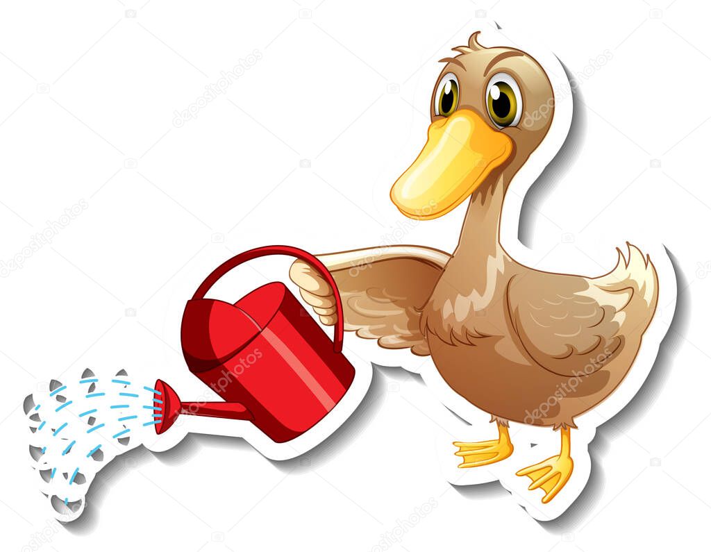 Sticker template with a duck holding watering can cartoon character isolated illustration