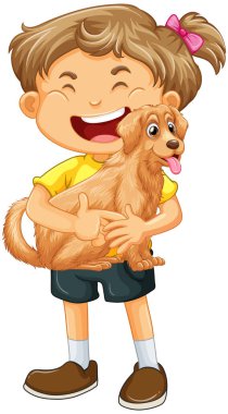 Mutlu kız çizgi film karakteri sevimli bir köpek resmine sarılıyor.