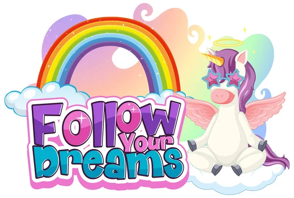 Eenhoorn Stripfiguur Met Follow Your Dream Lettertype Banner Illustratie — Stockvector