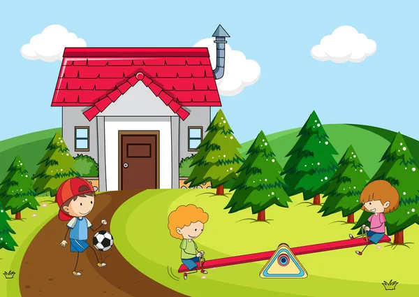 Scena Del Parco Giochi Con Molti Bambini Illustrazione — Vettoriale Stock