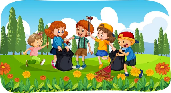 Park Scene Met Een Groep Kinderen Schoonmaken Park Illustratie — Stockvector