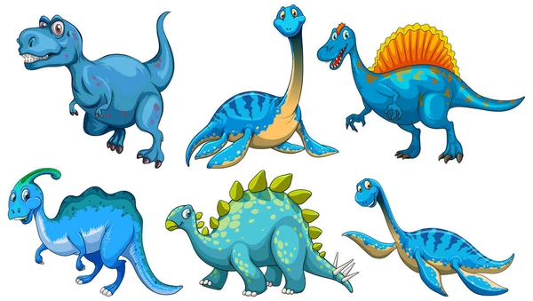 Sada Modrých Dinosaurů Kreslený Znak Ilustrace — Stockový vektor