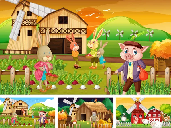 不同农场场景与农场动物卡通人物插图 — 图库矢量图片