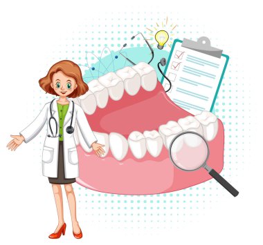 Beyaz arkaplan illüstrasyonunda doktor ve diş modeli