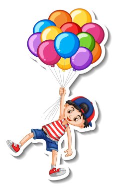 Birçok balonla uçan bir çocuğun etiketli tasviri izole edilmiş