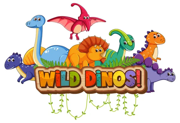 Cute Dinosaurs Cartoon Character Wild Dinos Font Banner Illustration — Stock Vector