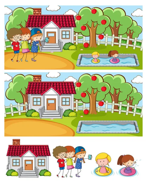 Set Von Verschiedenen Horizontalen Szenen Hintergrund Mit Kritzeleien Kinder Zeichentrickfigur — Stockvektor