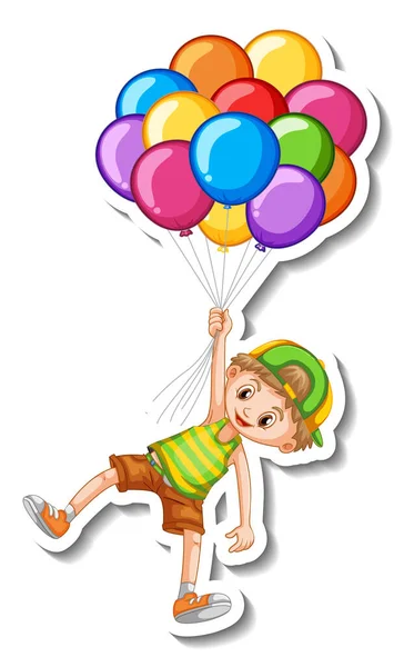 Šablona Samolepky Chlapcem Drží Mnoho Balónků Izolované Ilustrace — Stockový vektor