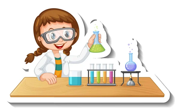 Sticker Template Cartoon Character Student Doing Chemical Experiment Illustration — Stock Vector