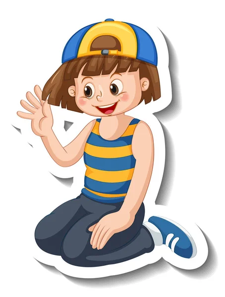 Sticker Template Happy Girl Wears Cap Cartoon Character Isolated Illustration — Stock Vector