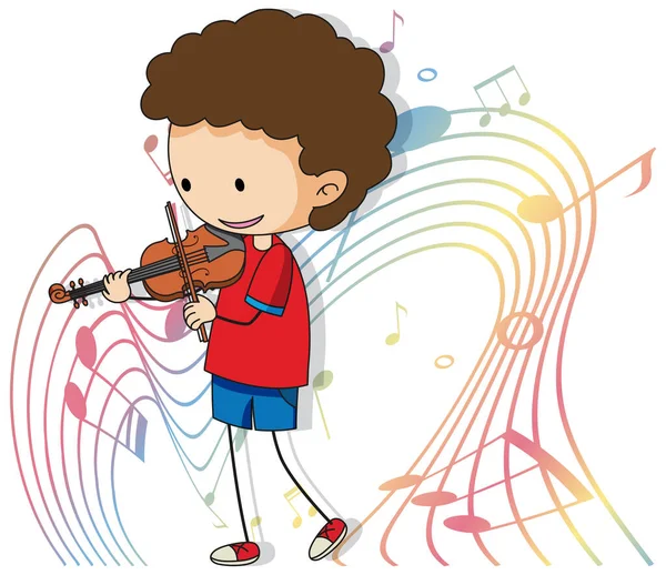 Caricature Gribouiller Garçon Jouant Violon Avec Des Symboles Mélodie Sur — Image vectorielle