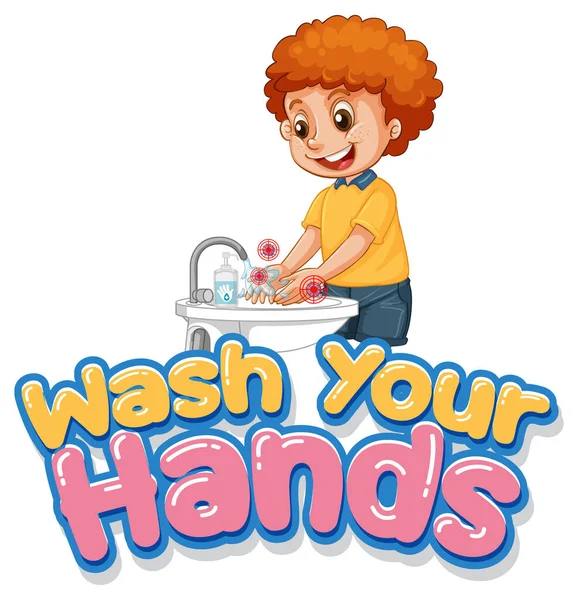 Πλύνετε Χέρια Σας Γραμματοσειρά Σχεδιασμό Ένα Αγόρι Πλύσιμο Των Χεριών — Διανυσματικό Αρχείο