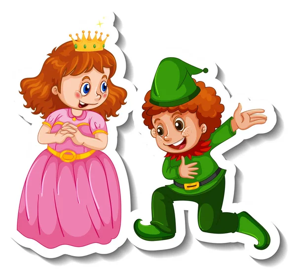 Sticker Sjabloon Met Kleine Prinses Een Jongen Cartoon Karakter Geïsoleerde — Stockvector