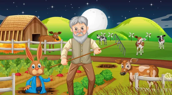 Farm Night Scene Old Farmer Man Farm Animals Illustration — Stock Vector