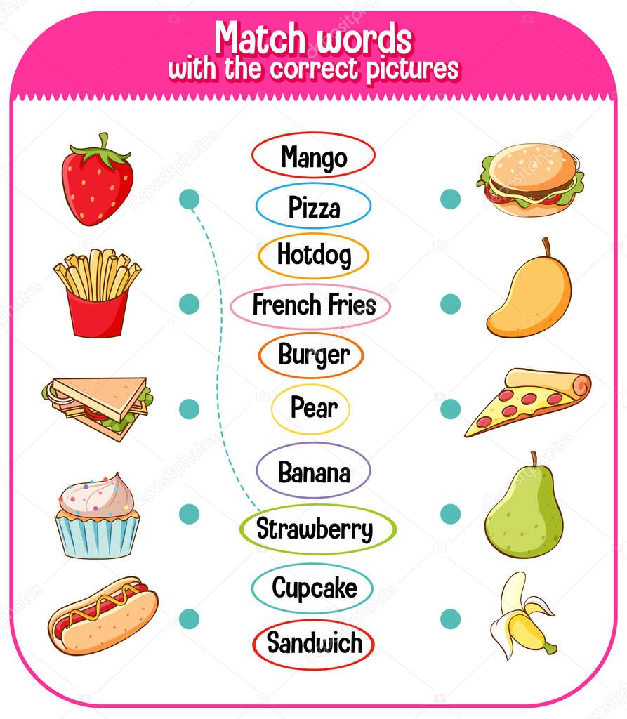 Match words with the correct pictures game for kids illustration