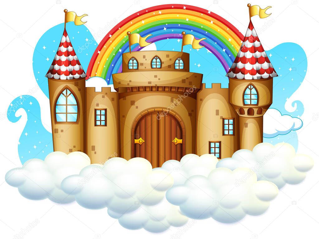 Castle with rainbow on the cloud isolated on white background illustration
