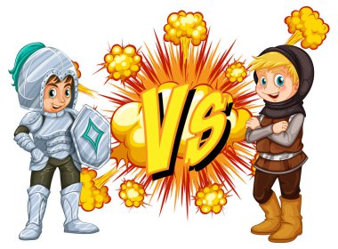 Beyaz arka planda birbiriyle dövüşen iki şövalye.