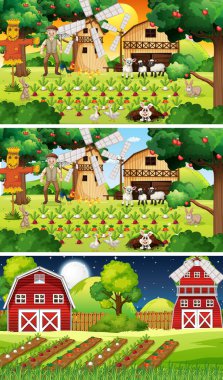 Yaşlı çiftçi ve hayvan çizgi film karakteri resimlerinin olduğu farklı çiftlik sahneleri.