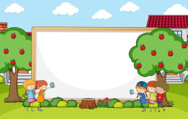 Boş afiş ve bir sürü çocuk parkın resimlerinde çizgi film karakteri çiziyor.