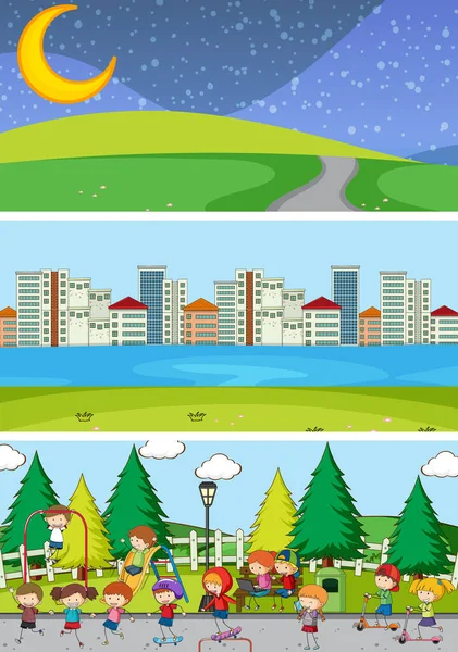 Set Von Verschiedenen Horizont Szenen Hintergrund Mit Doodle Kinder Zeichentrickfigur — Stockvektor