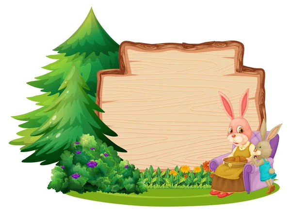 Placa Madeira Vazia Com Dois Coelhos Elemento Jardim Ilustração Isolada — Vetor de Stock