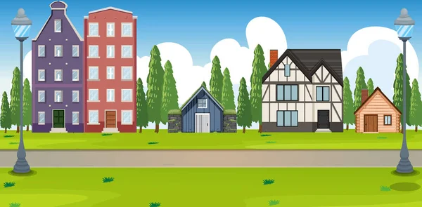 Пригородный Пейзаж Многочисленными Иллюстрациями Домов — стоковый вектор