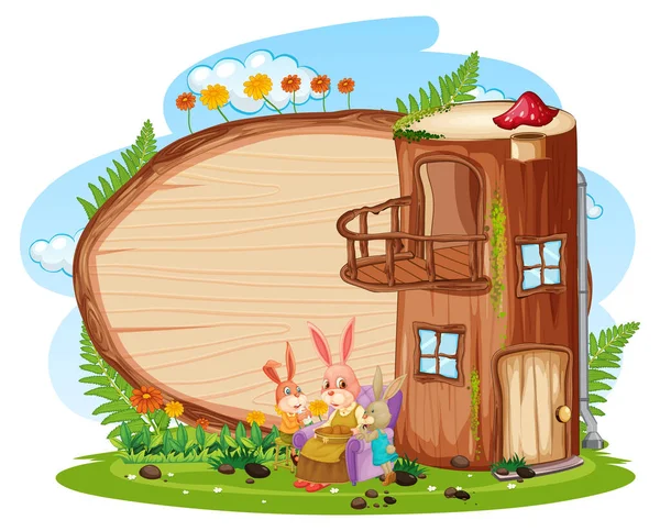 Placa Madeira Branco Jardim Com Ilustração Log House — Vetor de Stock