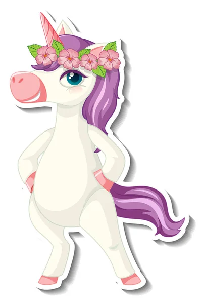 Adesivi Carino Unicorno Con Divertente Unicorno Cartone Animato Personaggio Illustrazione — Vettoriale Stock