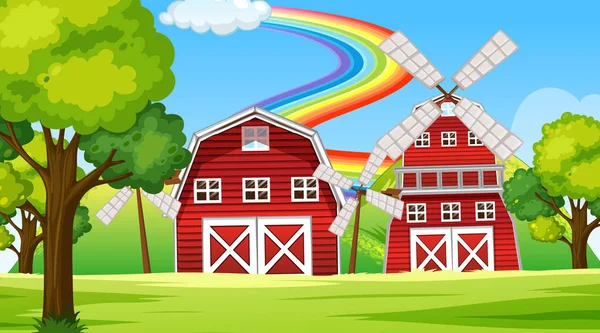 Farm Táj Jelenet Pajta Szélmalom Illusztráció — Stock Vector