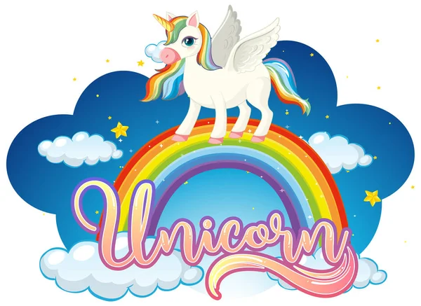 Cartoon Personaggio Unicorno Piedi Arcobaleno Con Unicorno Font Illustrazione — Vettoriale Stock