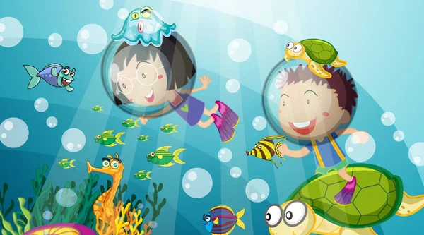 Onderwater Scene Met Gelukkige Kinderen Scuba Duiken Illustratie — Stockvector