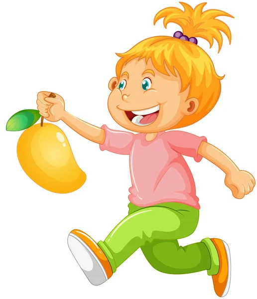 Happy Girl Cartoon Character Holding Mango Illustration — Stock Vector