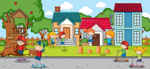 Oyun parkında oynayan çocukların olduğu açık hava sahnesi