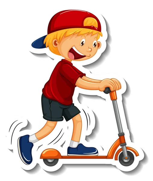 Sticker Template Boy Riding Scooter Cartoon Character Isolated Illustration — Stock Vector