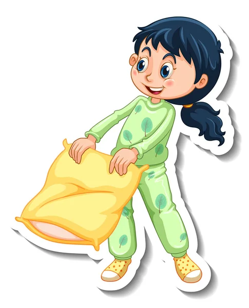 Sticker Sjabloon Met Een Meisje Draagt Pyjama Stripfiguur Geïsoleerde Illustratie — Stockvector