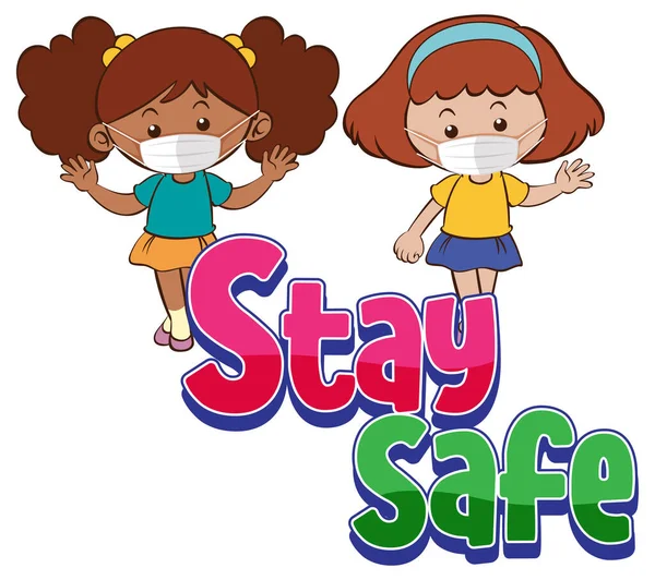 Stay Safe Písmo Dvěma Dívkami Masce Izolované Ilustrace Stock Ilustrace