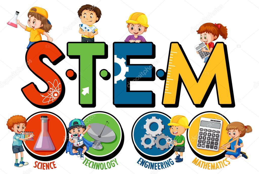 STEM education logo with children cartoon character illustration