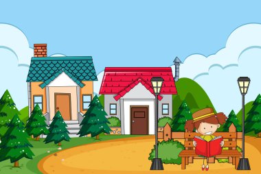 Bankta oturmuş kitap okuyan bir kızın olduğu ön ev sahnesi.