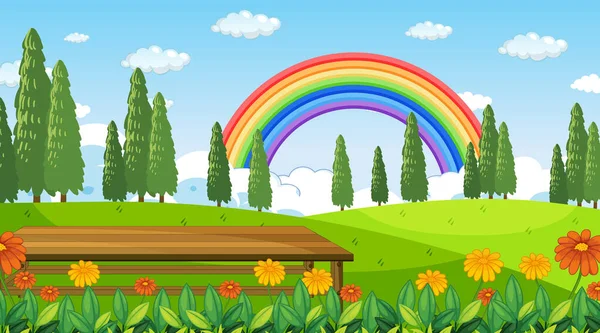 Nature Park Scene Background Rainbow Sky Illustration — Stock Vector