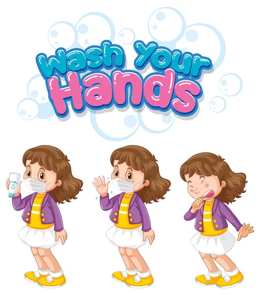 Wash Your Hands Font Design Girl Wearing Medical Mask White — Stock Vector